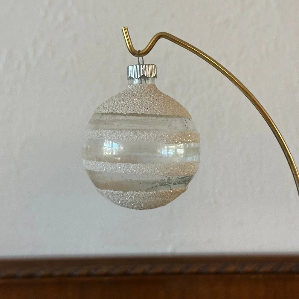 Vtg Shiny Brite Glass Unsilvered Christmas Ornament White Mica Stripe USA Made